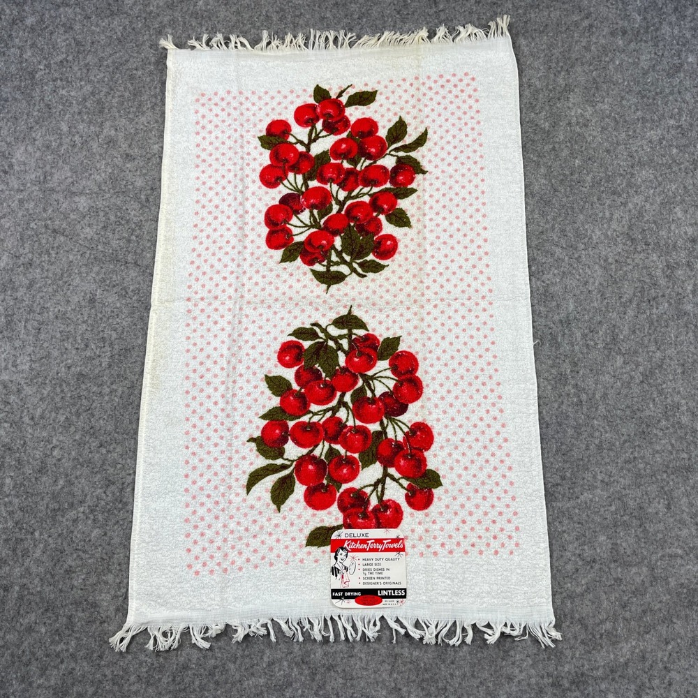 Vintage Town House Kitchen Terry Towel Cherry Polka Dot Fringed MCM 50s USA